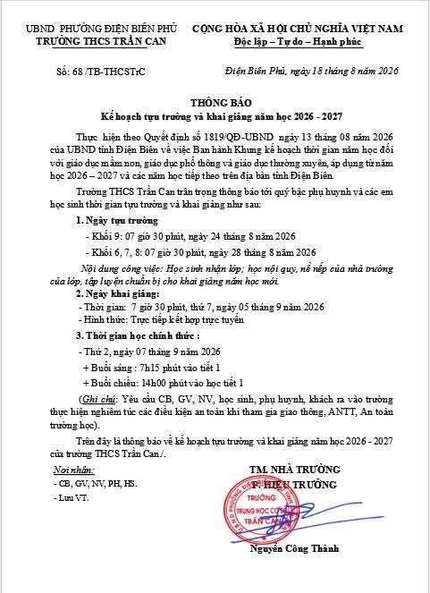 THÔNG BÁO  Kế hoạch tựu trường và khai giảng năm học 2026 - 2027